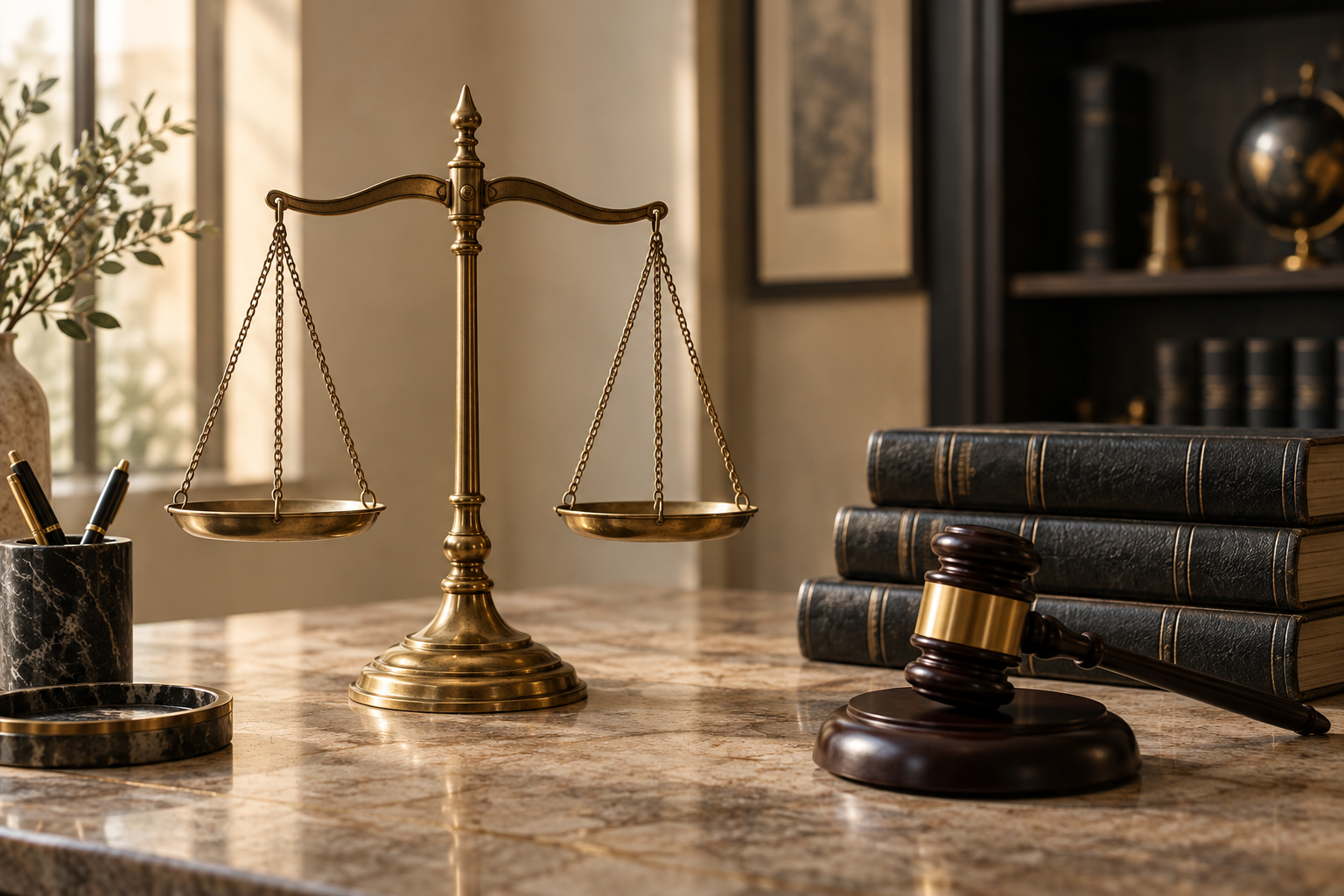 Brass scales of justice, law books and a wooden gavel